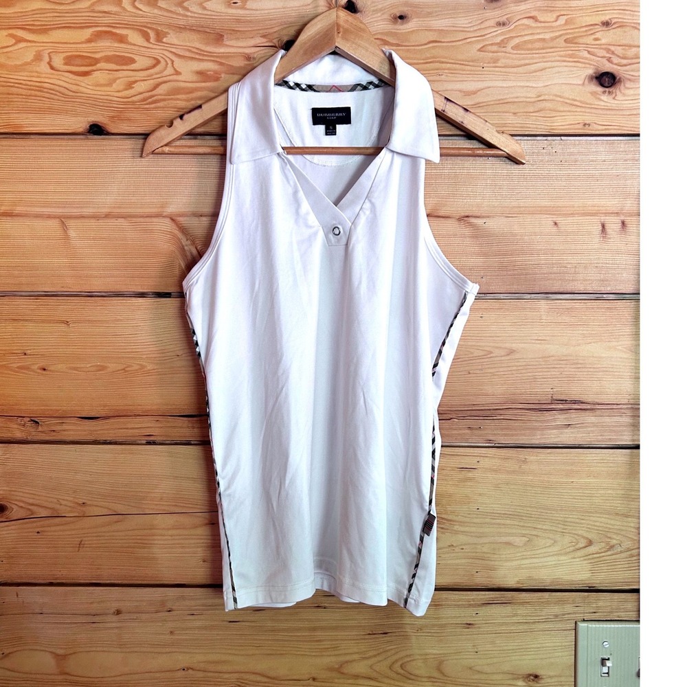 Burberry Golf Sleeveless Polo Shirt Women Small White Nova Check Plaid Trim Tank